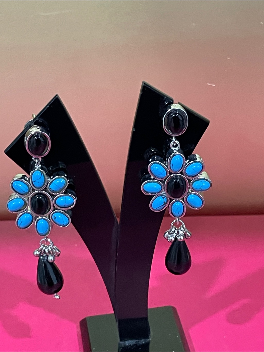 Blue Floral Drop Earrings With Black Accents